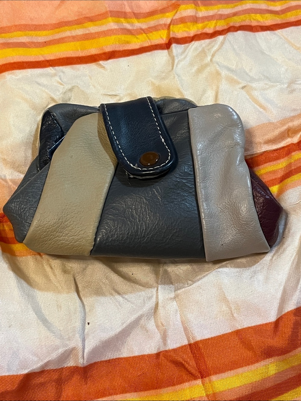 Tri-Color Leather Cosmetic Pouch in Black, Gray and Cream